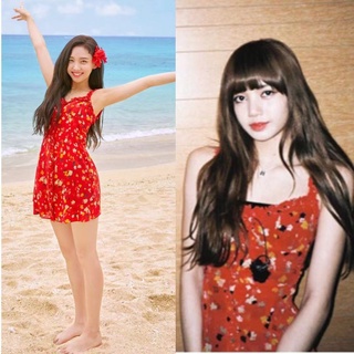 Blackpink Lisa TWICE Lim Na Yeon อาชีพย้อนยุค วินเทจ เซ็กซี่ สีแดง ดอกเดซี่ ดอกคามิ สลิปเดรส มินิเดรส