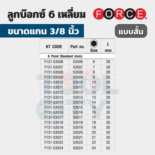 FORCE ลูกบ๊อกซ์ 6 เหลี่ยม แกน 3/8 นิ้ว หน่วยมิลลิเมตร ขนาด 6 - 24 มม. (มีทั้งลูกบ๊อกซ์สั้นและลูกบ๊อกซ์ยาว)