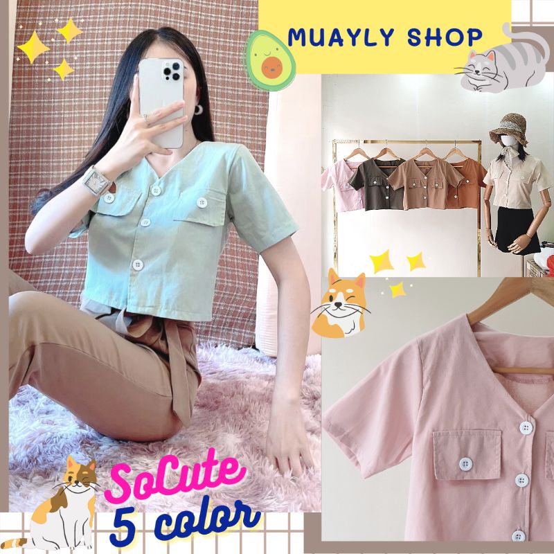 ขายดี  เสื้อครอป คอวี ผ้าคอตตอน สไตล์มินิมอล  เสื้อเชิ้ตกระดุมหน้า แต่งกระเป๋าอก แขนสั้น By Muayly Shop ราคา ถูกที่สุด ดีลบีเคเค แกลเลอรีภาพที่ 2