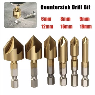 6 ชิ้น 5 ขลุ่ยไฮสปีด Countersink ขูดสว่าน 1/4 HEX S hank ไทเทเนียมเคลือบแกนไม้ดอกสว่านบิตอุปกรณ์เครื่องมือไฟฟ้า