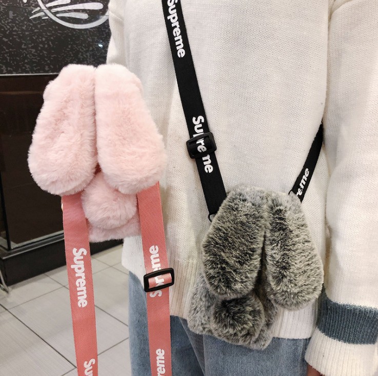 Plush Warm Caseพร้อมlanyardสําหรับiPhone 6 6s 7 8 Plus XR X XS Max SE 2020 น่ารักยาวกระต่ายหูFurryปุยขนสําหรับiPhone 6 Plusปลอก