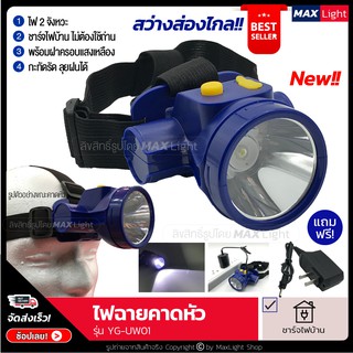 MaxLight ไฟฉายคาดหัว สว่าง น้ำหนักเบา สวมใส่สบาย ไฟฉายสว่าง 2 จังหวะ ส่องไกล แบตลิเธียม ชาร์จไฟได้ รุ่นYG-UW01