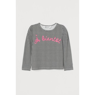 H&amp;M ชุดเด็ก เสื้อยืด แขนยาว เด็กผู้หญิง ลายขาวดำ แขนจีบพอง Dogtooth-patterned