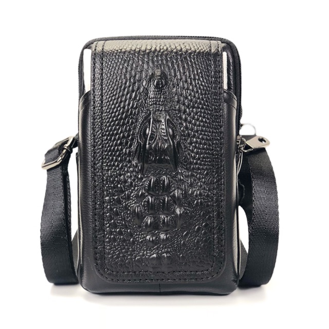 กระเป๋ามือถือหนังแท้สีดำสะพายใส่iPhone 6-7-8พลัสได้2เครื่อง