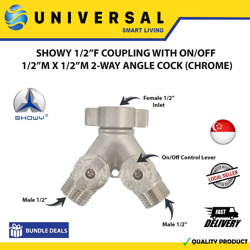 [SG SHOP SELLER] SHOWY 1/2F COUPLING พร้อมเปิด/ปิด 1/2M X 1/2M 2-WAY ANGLE COCK (CHROME)