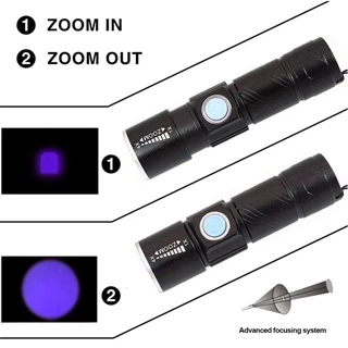 ไฟฉายแสงสีม่วง UV Flashlight Blacklight USB Rechargeable LED 395Nm