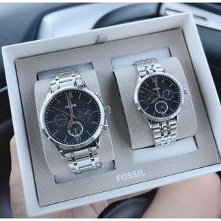 🎀 (สด-ผ่อน) นาฬิกาคู่ set สีเงิน หน้าปัดดำ BQ2469SET Fossil His and Her Fenmore Midsize Multifunction Stainless Steel