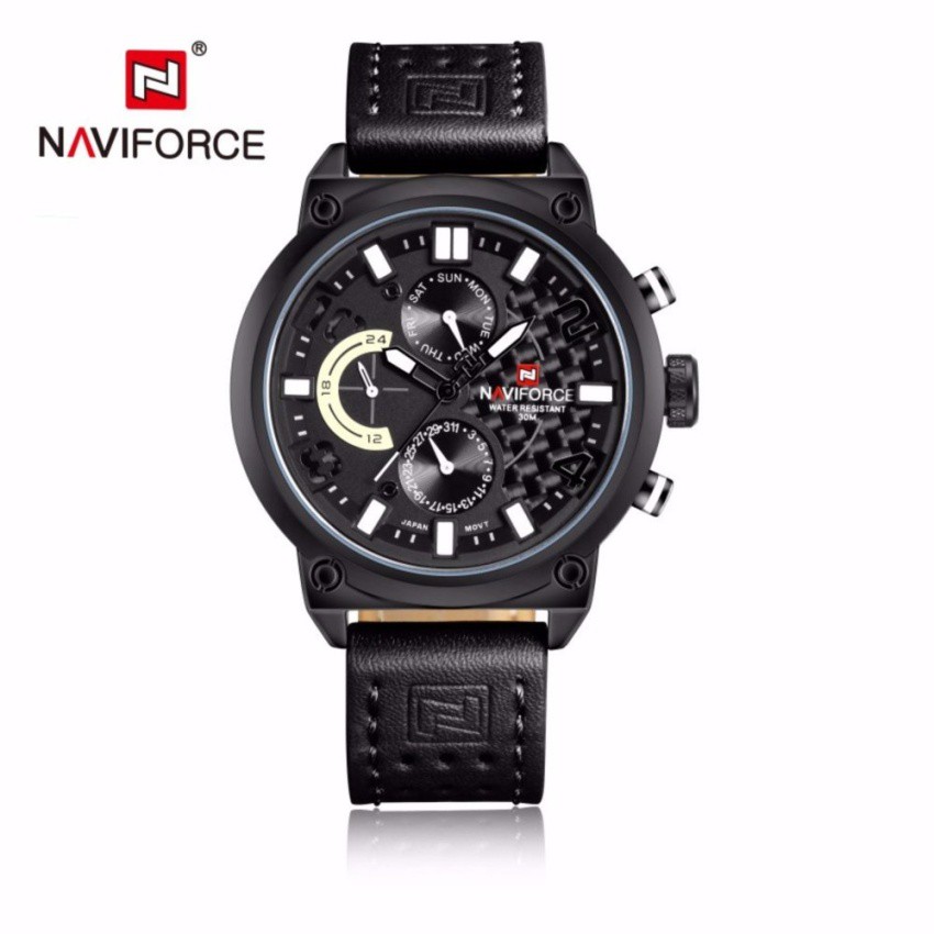 naviforce watch แท้ นาฬิกาข้อมือ สายหนังสีดำ รุ่น NF9068-BWB หน้าปัดใช้งานได้จริงทุกเข็ม