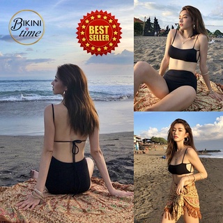 🏖BikiniTime (M-XL) SB172 บิกินี่ ชุดว่ายน้ำทูพีซ สีดำเบสิค บรามีฟองน้ำเสริม ผูกหลัง ชุดเที่ยวทะเล