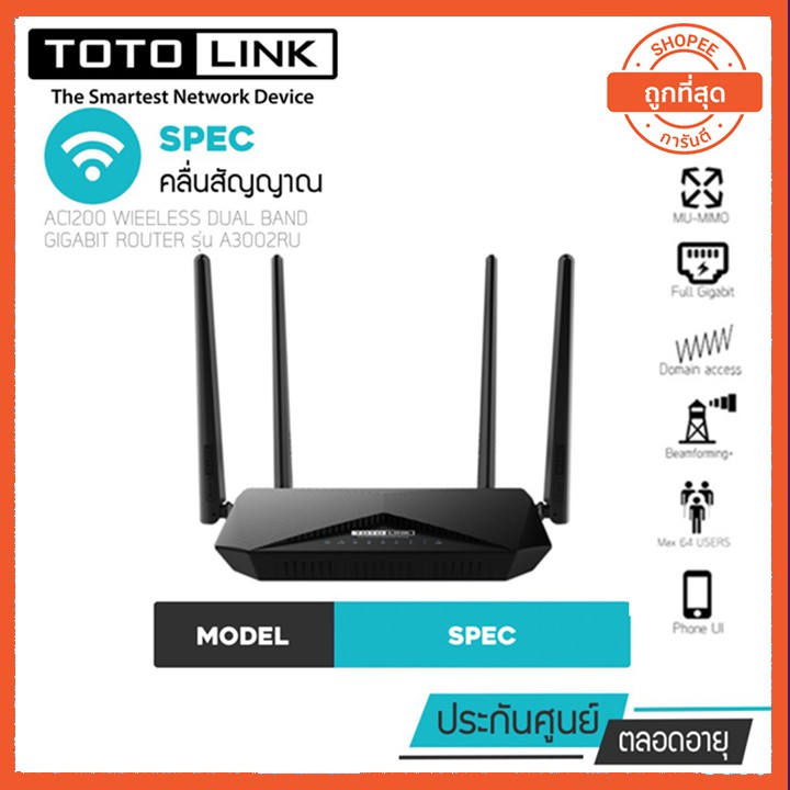 เร้าเตอร์ WIFI TOTOLINK (A3002RU) AC1200 ตัวกระจายสัญญาณไวไฟอินเทอร์เน็ต ตัวปล่อยWIFI Wireless Dual 