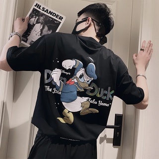 เสื้อยืดแขนสั้น ผ้าฝ้าย ทรงหลวม พิมพ์ลายการ์ตูนอนิเมะ Donald Duck Disney สไตล์เกาหลี สําหรับผู้ชาย