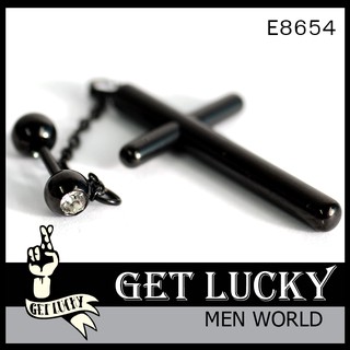 E8654 ตุ้มหูผุ้ชาย GET LUCKY จิวหู จิวกางเขน เกาหลี มีโซ่ห้อย สีดำ (แพค1ชิ้น)