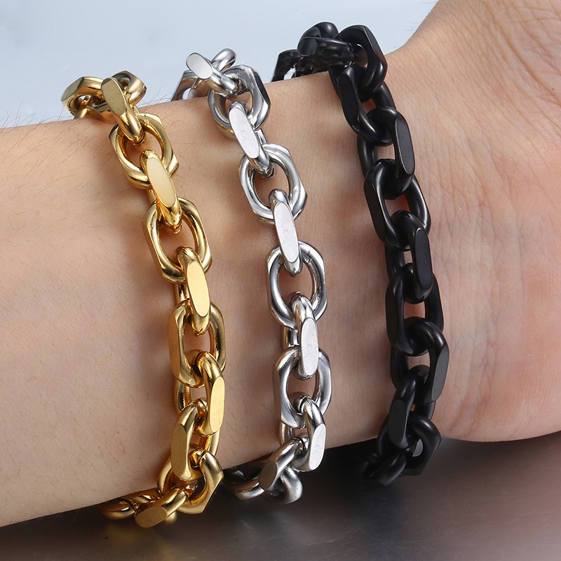 สร้อยข้อมือ 9 มม.สําหรับผู้ชายสแตนเลสสตีลสาย Link Chain สร้อยข้อมือแฟชั่น Mens เครื่องประดับทองสีดํา TO Clasp 7-11 "