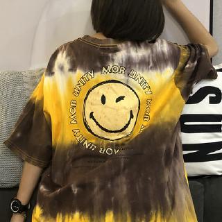 เสื้อยืดลําลองสําหรับ unisex แขนสั้นพิมพ์ลาย tie - dye smile oversize สไตล์เกาหลี