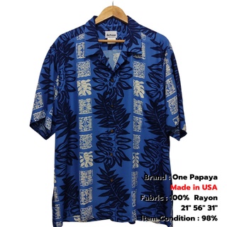 เสื้อฮาวายUSAแท้100% One Papaya รอบอก 56" ผ้าเรยอน เสื้อเชิ้ตฮาวายวินเทจไซส์ใหญ่ มือสอง สภาพดีมาก / Used Hawaii Shirt