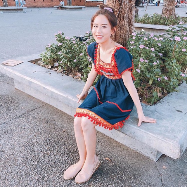 ชุดพื้นเมือง ชุดดอย (รุ่นฟาง) สีกรมแถบแดง เดรสสั้นน่ารัก