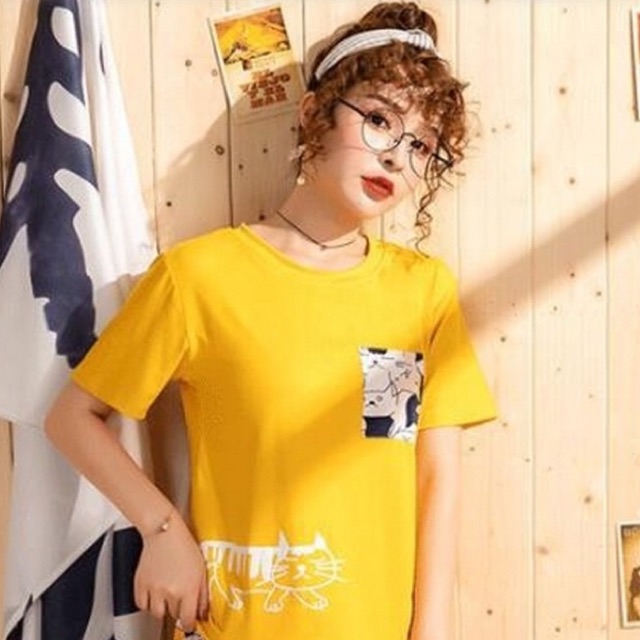 TG045A ชุดนอน เสื้อ+กางเกง ผ้าโพลี ลายแมวเหลือง (M/L/XL/2XL)