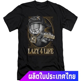 เสื้อยืดผ้าฝ้ายพิมพ์ลายขายดี ผู้ชายและผู้หญิง Garfield Mens Lazy 4 Life Slim Fit T-shirt Large Black top เสื้อกั๊ก