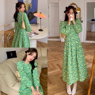 พร้อมส่ง Maxi Dress เดรสลายดอกไม้จิ๋ว แขนยาว โทนสีเขียวเหนี่ยวทรัพย์ งานป้ายbeidi