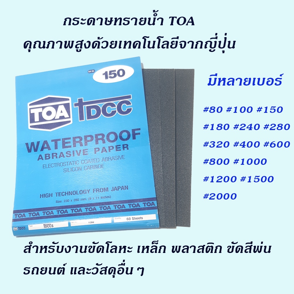 TOA DCC กระดาษทรายน้ำ คุณภาพสูงด้วยเทคโลยีจากญี่ปุ่น สำหรับงานขัดโลหะ เหล็ก พลาสติก ขัดสีพ่นรถยนต์ โคมไฟหน้า