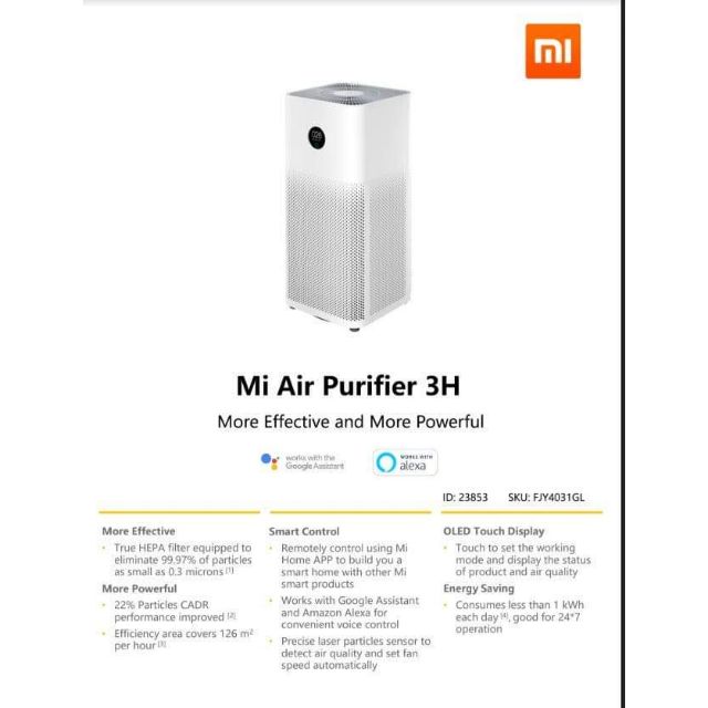 เครื่องฟอกอากาศ Mi Air purifier 3H more effective and more powerful