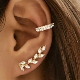 E15 : Rhinestone Leaf Earrings (1pair) &amp; Ear Cuff (1pc) ตุ้มหูแต่งเพชรรูปใบไม้ (1คู่) + ตุ้มหูแบบหนีบแต่งเพชร (1ชิ้น)