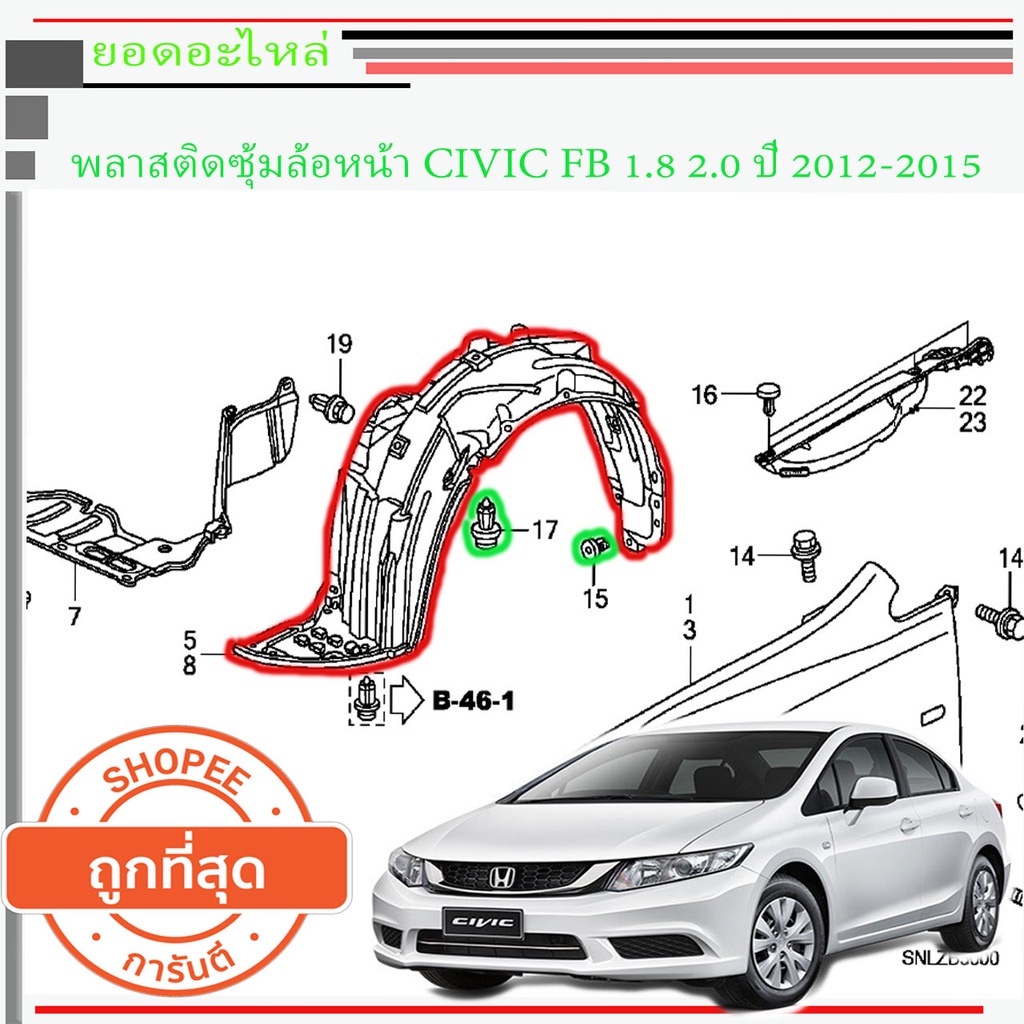 พลาสติกซุ้มล้อ หน้า HONDA CIVIC FB ปี 2012-2016 ซุ้มล้อพลาสติก กุล้อ