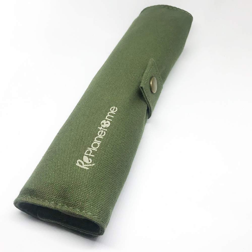 ช้อนส้อมหลอดไม้ไผ่ชุดเดินทางในถุงผ้ากากี || Bamboo Utensil Full Travel Set in Khaki Pouch