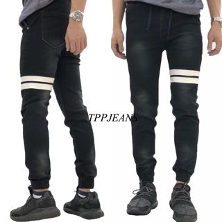 (เอว28”-44”)JXP Jogger Jeans กางเกงขาจั้ม ผ้ายีนส์ยืด สีดำฟอก แต่งแถบขาว รับชำระปลายทาง