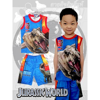 ชุดเด็กผ้ามัน เสื้อแขนกุด+กางเกง ลาย Jurassic World สกรีนหน้าหลัง ลิขสิทธิ์แท้ (5ข/6ข/7ข)