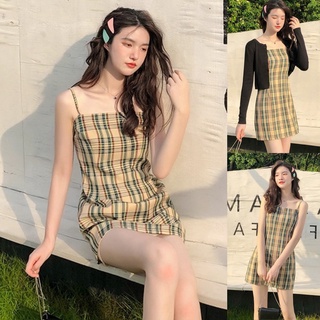 Korean🧧 มินิเดรสสายเดี่ยวผ้าคอตตอนบางเบา ลายสก็อตโทนสีแอปริคอท