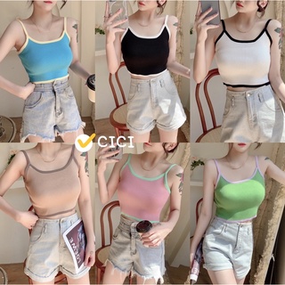 Cici(NO.1789)Basic crop สายเดี่ยวครอปไหมพรมknit ผ้าทอร่องสีทูโทน