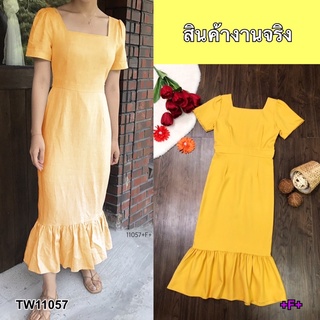 Maxi Dress แม็กซี่เดรสคอเหลี่ยม แขนสั้น ผ้าสีพื้น งานผ้าซาร่า ชายเดรสแต่งระบาย ข้างเอวมีสายผูกโบว์ซ่อนด้านหลัง