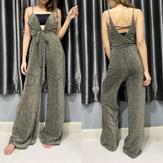 F21 Metallic Jumpsuit  **ไม่มีเกาะอก** จั๊มสูททรงขาบาน ผ่าหน้า-หลัง แต่งเชือกผูกเอว เนื้อผ้าเป็นผ้ายืดมีกลิตเตอร์ทั้งตัว