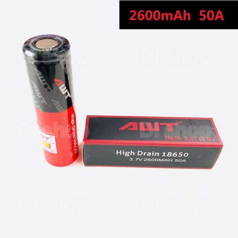 AWT (สีแดง/ดำ) 1 ก้อน 18650 ความจุ 2600 mAh กระแสไฟ 50A แรงดัน 3.7v