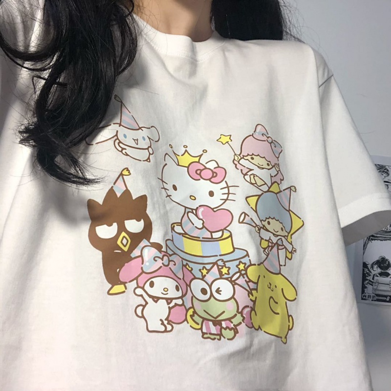 Korean Style Oversized Cute Cartoon Hello Kitty Printed Loose Short SleeveTT-shirt Women's