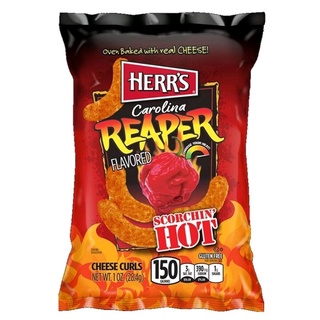 เฮอร์ ข้าวโพดอบกรอบรสพริกแคโรไลนา รีเปอร์ พริกที่เผ็ดสุดในโลก Herr Carolina Reaper Curl Corn Stix 184g.