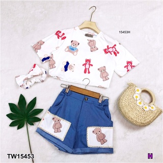 TW15453 Set 2 ชิ้น เสื้อยืดแขนสั้นครอปลายหมี ผ้าคอตตอน + กางเกงยีนส์ขาสั้น เอวสม็อคหลัง ขาสั้นแต่งพับลายหมี + โบว์คาดผม