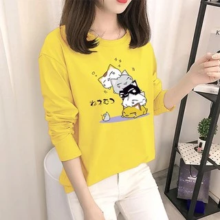 newร่น-206 เสื้อยืดแฟชั่นผู้หญิง แขนยาว ลายแมวน่ารักๆผ้าเนื้อดีนุ่มเบา สวมใส่สบาย สไตล์เกาหลี ยอดฮิตพร้อมส่งจ่ายปลายทาง
