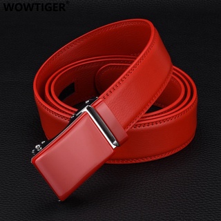 Wowtiger เข็มขัดหนังวัว หัวเข็มขัดอัตโนมัติ คุณภาพสูง สีแดง 3.5 ซม. ของขวัญวันหยุด สําหรับผู้ชาย และผู้หญิง