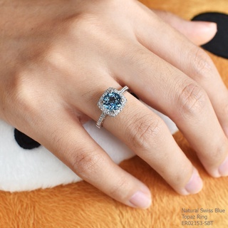 SKJewelryfactory แหวนสวิสบลูโทปาซแท้ ดีไซน์ล้อมเพชร เรียบหรู เล่นไฟดี ER02153-SBT