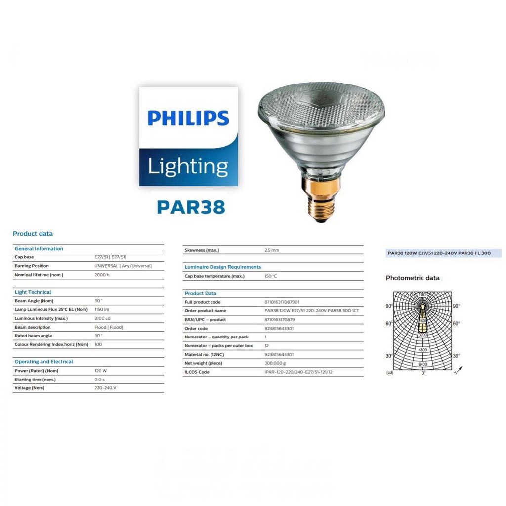 Philips 120PAR/SP/EP 120-Watt Weather Duty Spot Light Bulb Lamp 120W PAR38 130V 
