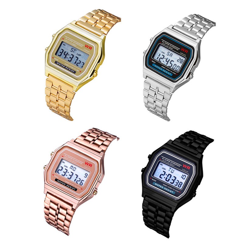 Ss Elegant Mens Womens Retro สแตนเลส LCD นาฬิกาจับเวลากีฬาดิจิตอล