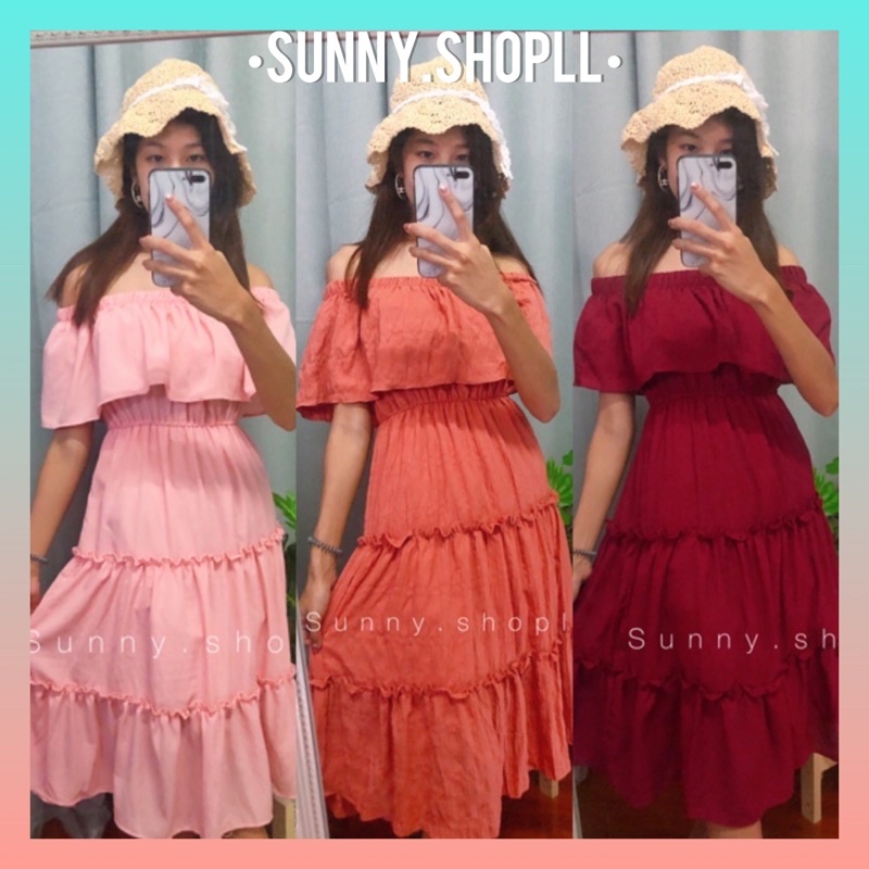 Sunnyเดรสปาดไหล่ระบาย เดรสเปิดไหล่ทรงสวิง มีซับใน‼️ใส่เป็นเกาะอกได้ ผ้าดีมากกกกก