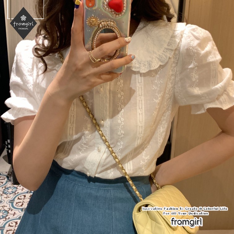 เสื้อเชิ้ตแขนสั้น ปักลาย ทรงหลวม สีขาว สไตล์ฝรั่งเศส วินเทจ แฟชั่นฤดูร้อน สําหรับผู้หญิง 2022