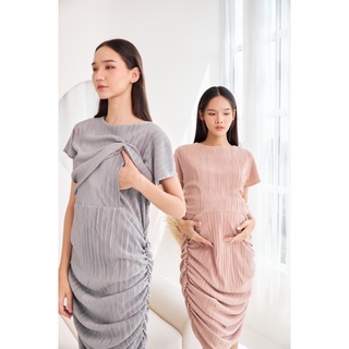 ชุดคลุมท้อง ชุดให้นม คลุมท้องและให้นมได้ ลด 65.- ใส่โค้ด 🧸MINIRIN2🧸 รุ่น M38 Swiped siding pleat dress