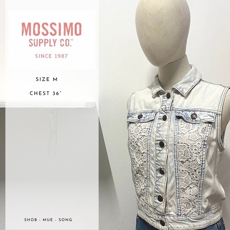 MOSSIMO เสื้อ ยีนส์ แจ็คเก็ต แขนกุด สีซีด แต่งลูกไม้ มือสอง
