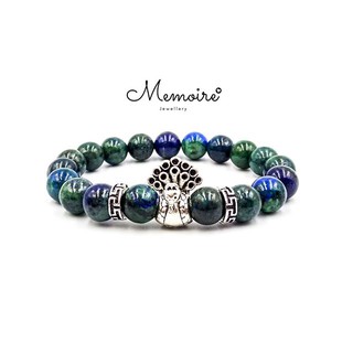 กำไลข้อมือหินแท้ Azurite malachite ขนาด 8 มิล แต่งจี้นกยูง และอะไหล่เงิน (เปลี่ยนจี้ได้)