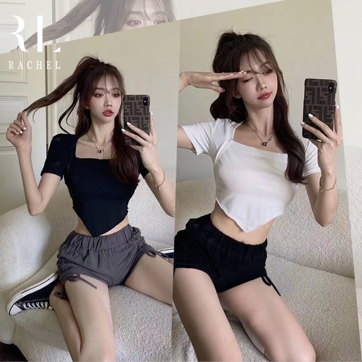 เสื้อยืดครอปรัดรูป เสื้อยืดรัดรูปเซ็กซี่เอวลอยดีไซน์เก๋ด้านหน้าชายสามเหลี่ยม เสื้อยืดคอเหลี่ยม