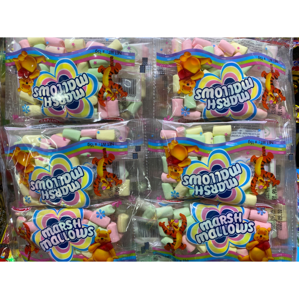 Pudding, Jellies & Marshmallow 105 บาท มาร์ชเมโรล ถุงลายหมีพูห์ 1ไม่มีไส้แพ็คมี30ซอง ราคายกแพ็ค Food & Beverages